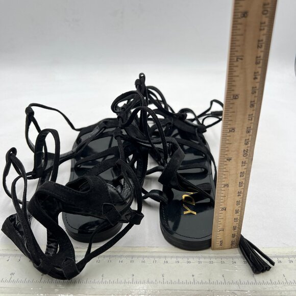 YDN Black Sexy Knee High Lace up Flats Fringe Low Heel Gladiator Strap Sandals - Picture 5 of 8